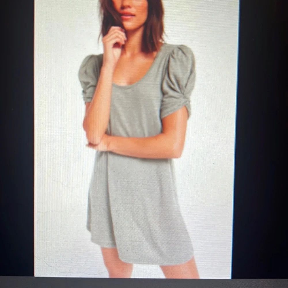 Z Supply Greta Dress Womens Small Gray Green Puff Sleeve Ruched T-Shirt Casual
